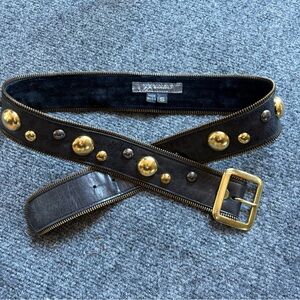 JJ Winters Black Studded Leather Belt with Gold Accents
